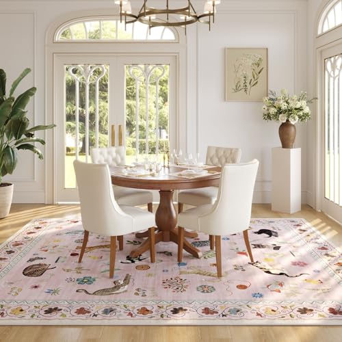 Area Rugs 8x10 Rug for Living Room Clearance Washable Boho Area Rug Non Slip Floral Animal Cat Vintage Low Pile Large Rug for Living Room Bedroom Farmhouse Dining Room Kids Playroom, Pink