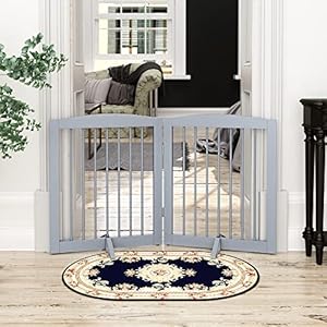   Freestanding-Pet-Gate-for-Dogs-Foldable-Wooden-Dog-Gate-for-House-Indoor-Dog-Gate-for-Stairs-Doorways-Step-Over-Pet-Puppy-Safety-Fence-Support-Feet-Included-24-Height-2-Panels-Grey