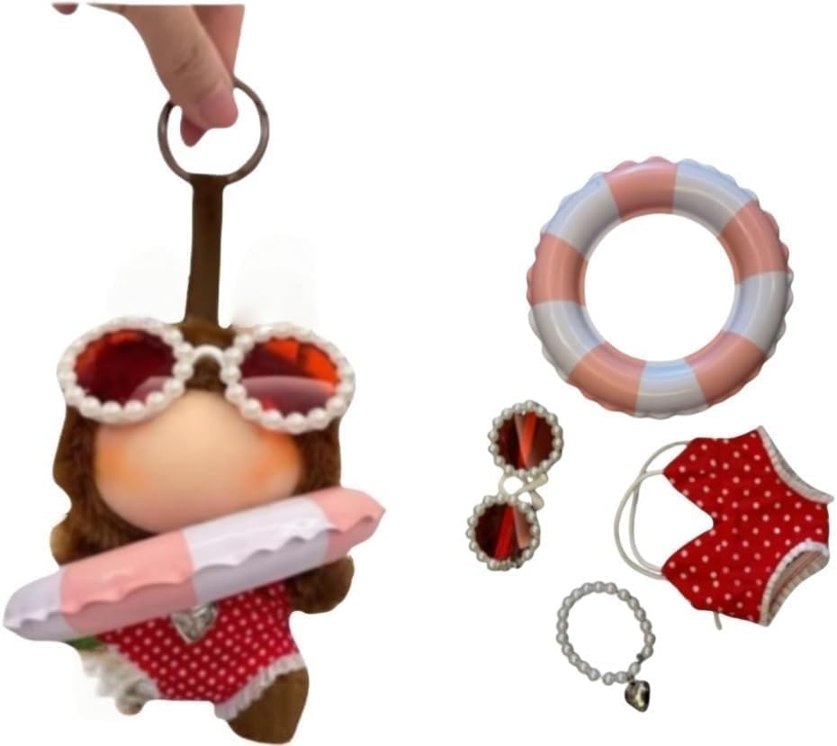 17cm/15cm Stylish Summer Beach Clothes Set Suitable for Labubu – Fashion Outfit(Doll Not Included) (Red Swimsuit+Swim Ring+Necklace+Glasses)
