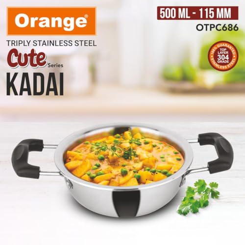 Image of Orange Triply Cute Series Mini KadaiTadka Pan 0.400 ml,(0.4L) | Heavy Bottom| Induction Friendly|2.5mm Thickness|Cool Touch Bakelite Stainless Steel Handle | 5Year Warranty