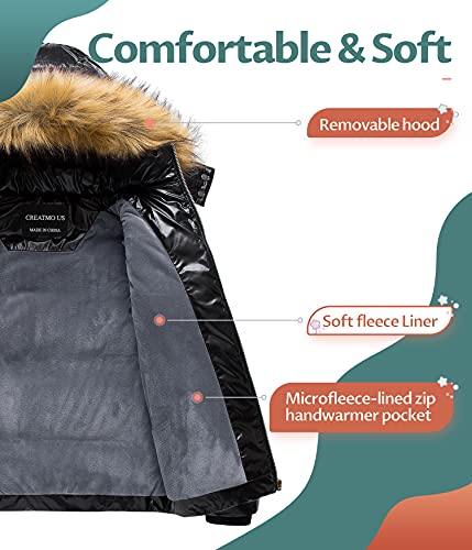 CREATMO US Girl's Kids Metallic Shiny Jacket with Detachable Fur Collar Warmth Winter Outerwear3