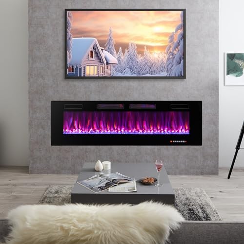 COSTWAY Ultra-Thin Electric Fireplace 60-inch Wide, 750W/1500W Wall-Mounted and Recessed Fireplace Heater with 12 Flame and Flame Bed Color, Remote and Smart APP Control, Decorative Crystal Included