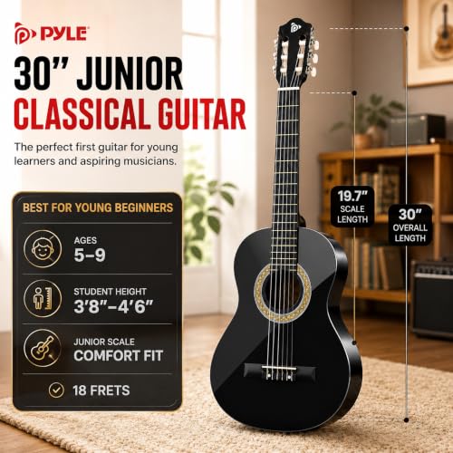 Image of Pyle 30-Inch Beginner Acoustic Guitar Kit, 1 /4 Size Junior Classical Nylon String Guitar for Kids and Adults, Includes Gig Bag, Strap, Spare Strings, Picks, Cleaning Cloth, 18 Frets, Onyx