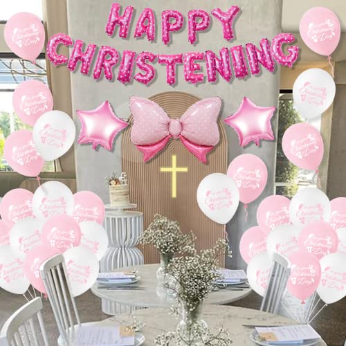 Sursurprise Christening Decorations Pink, Happy Christening Balloons Banner Cake Topper - Image 3