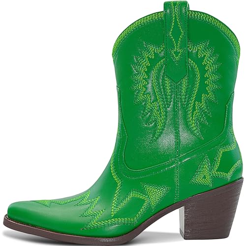 Image of HOCHFART Women's Western Ankle Cowboy Boots Chunky Pointed Toe Wide Calf | Metallic PU-Leather, Embroidered, Pull-On, Concert, Festival, Rodeos, Party, Daily Wear, All-Day Comfort