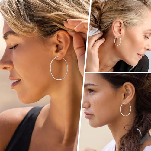 Image of DAILY VIBES Simple Big Thin Hoop Earrings for Women Trendy, 3 Pairs | 925 Sterling Silver Post Large Hoops, 14K Gold or Silver Plated Loop, Hypoallergenic Hoop Earrings Set