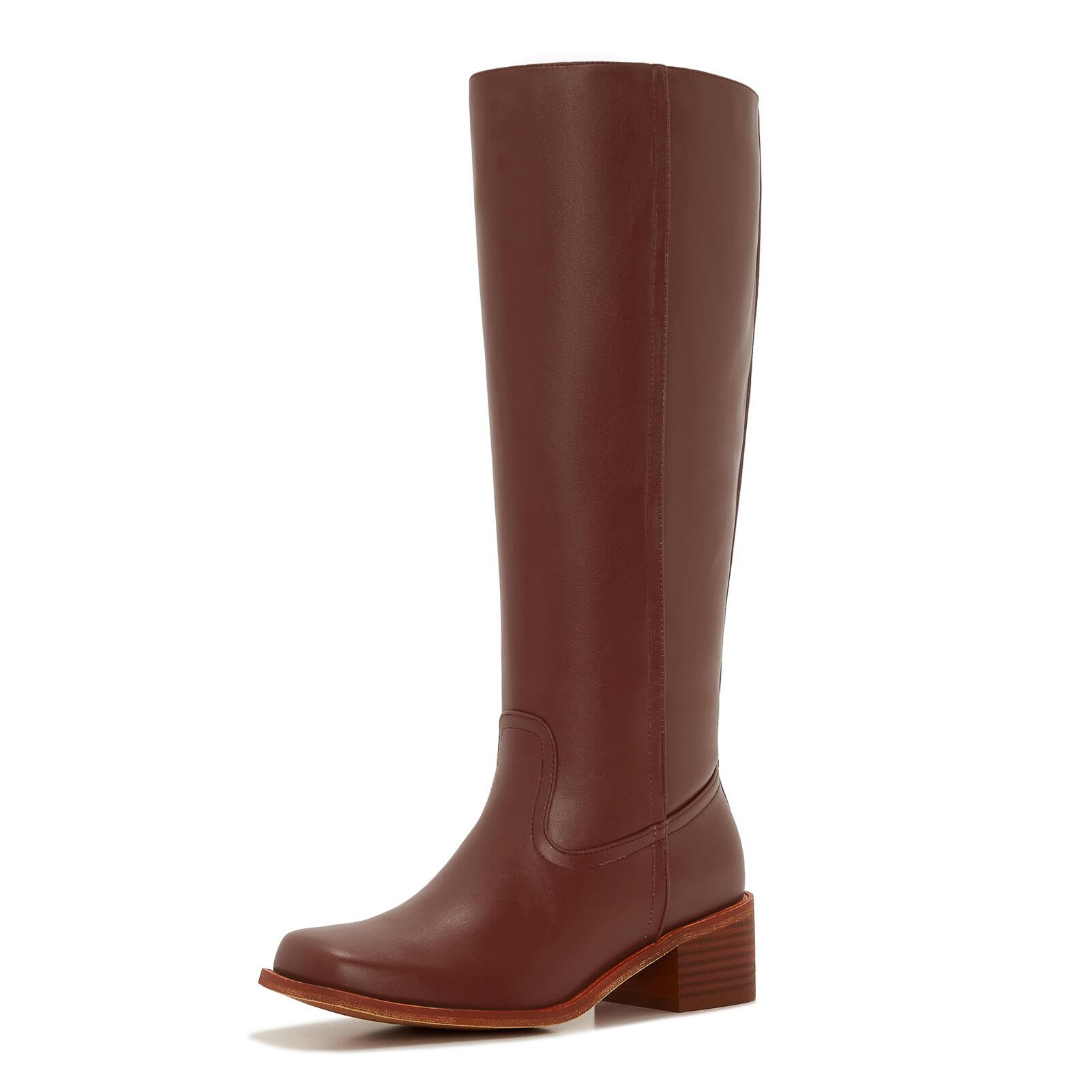Womens Wide Calf Knee High Boots Plus Size Low Heel Riding Boots Comfortable Zip-Up Faux Leather Equestrian Style
