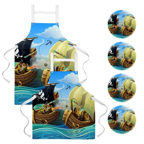 Tablier de cuisine Pirates multicolore avec broches de maintien lot de 2