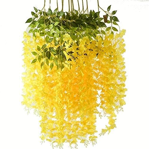 Image of Artificial Hanging Wisteria Flower Vine (Yellow) - Pack Of 6