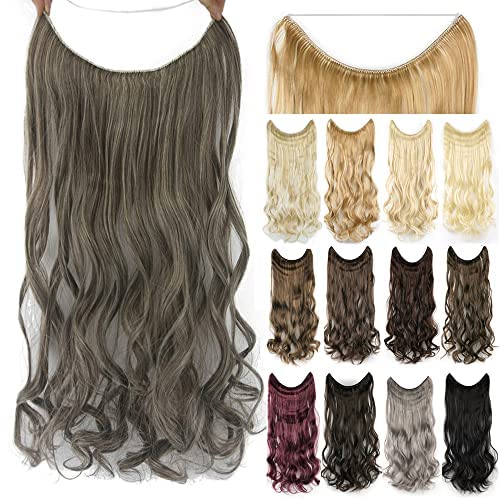 IMISSU Estensioni dei capelli ondulati a corpo lungo con linea di pesce Parrucchino sintetico invisibile in filo metallico Copricapo con estensione per capelli ricci (Grigio Cenere Misto,26 Pollici)