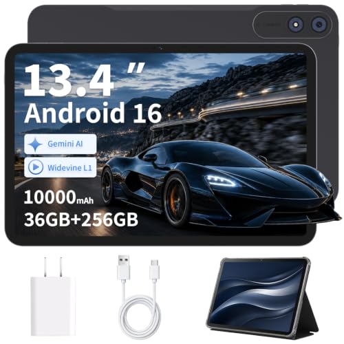 Image of HUIHUANG 13.4‑inch Android 16 Tablet, 36GB RAM + 256GB ROM (Expand to 2TB) | T7300 Octa‑Core 2.2GHz, 120Hz FHD+ IPS Display, 10000mAh Battery, Gemini AI, Face Unlock, Dual Speakers - Shadow Black