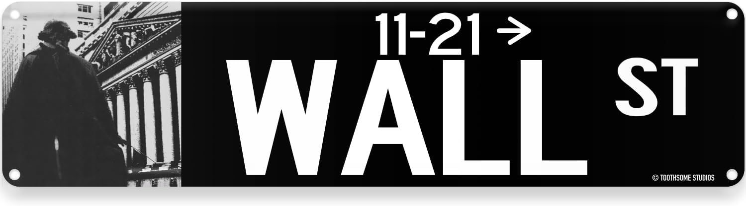 Wall Street New York City Theme Street Sign 16" x 4" Tin Wall Decor Big Apple Garage Stock Trader Investor Home Bar Decoration (WallStreet)