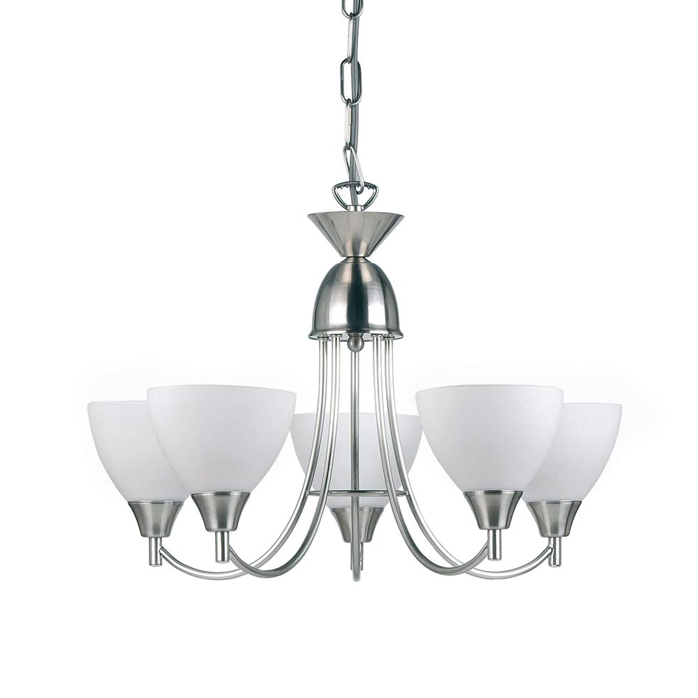 National Lighting Andy Decorative 5 Way Satin Chrome Branch Arm Pendant Ceiling Light with Matt Opal Glass Shades