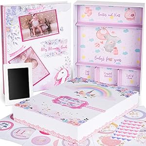 Kemella Kreations My Memory Book with Keepsake Box, Baby Milestone Stickers, Photo Corners & Footprint Kit, Unicorn…