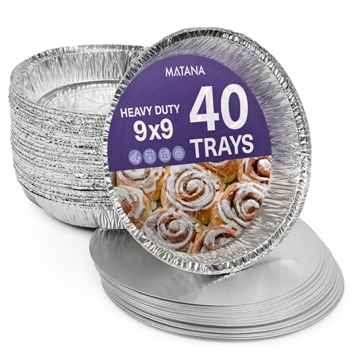 MATANA 40 Bandejas Redondas Desechables de Aluminio con Tapa - 1060ml