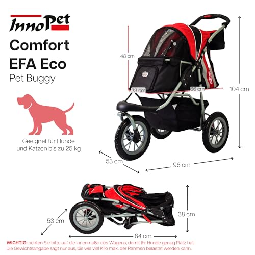 Hundewagen/Katzenwagen - Innopet Comfort EFA Eco schwarz/rot – faltbarer Hundebuggy für Waldwege & Strand, geländegängig, pannensichere 30cm Räder – 2 Leinen innen - Haustierwagen