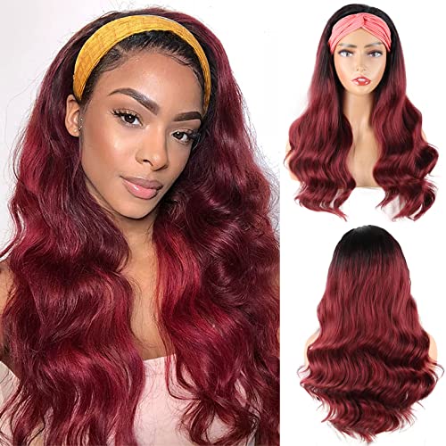 LEOSA Ombre Burgundy Headband Wig Body Wave Synthetic Red Wigs for Women Long Ombre Headband Wig with Headband Attached Dark Burgundy Wig Half Red and Black Headband Wig Wavy