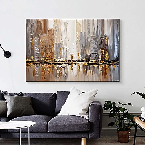 Affiche abstraite dorée pour illuminer un mur de salon sombre et vide