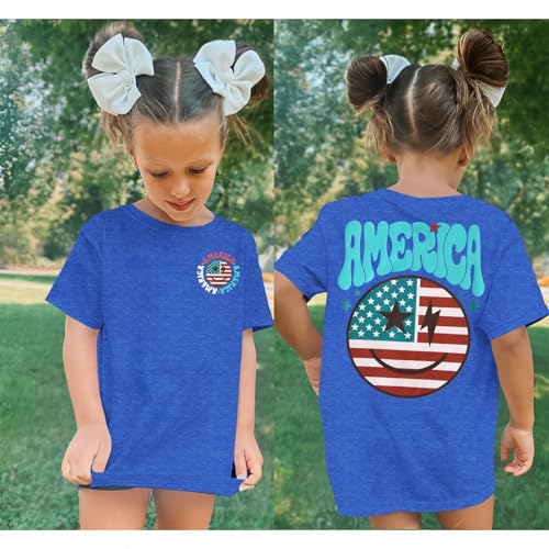 Image of MODNTOGA Boys Girls 4th of July Shirt USA Flag Graphic T-Shirt Big Kids America Print Short Sleeve Patriotic Holiday Tee Tops (Blue, 6-7 Years)