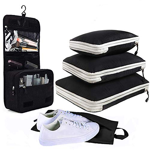圧縮バッグ 超便利 5点セット 旅行 ファスナー圧縮 衣類スペース50％節約 トラべラブ 軽量 出張 便利グッズ 防水 収納バッグ 衣類仕分け 靴入れ 洗面用具入れ トイレタリーバッグ フック付き