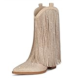 Ouepiano Cowboy Boots for Women - Cowgirl Rhinestone Boots with Sparkly Fringe Pointed Toe Western Boot Chunky Heel Pull-On Wide Calf Beige Botas Vaqueras Size 8.5