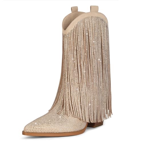 Ouepiano Cowboy Boots for Women - Cowgirl Rhinestone Boots with Sparkly Fringe Pointed Toe Western Boot Chunky Heel Pull-On Wide Calf Beige Botas Vaqueras Size 8.5