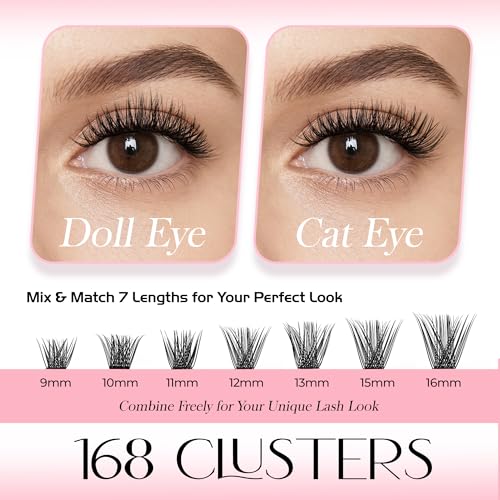 Image of Lash Clusters Kit Wispy Eyelash Clusters Natural D Curl DIY Lash Extensions Kit Individual Cluster Lashes with Bond & Seal Tweezers, 9-16mm, 168pcs
