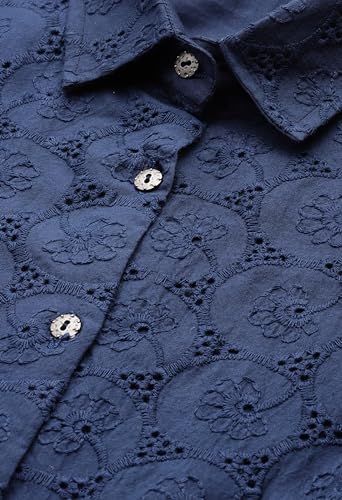 Image of ALL YOURS Women's Navy Blue Schiffli Cotton Co-Ords Set| Ethnic Co Ord Set| Kurta Set for Women| Casual Kurti Set| CoOrd Kurta Set for Women| Women Two-Piece Outfits| Outdoor Wear