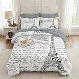 Nesker Comforter Set Queen Size, Retro Eiffel Tower Paris 7 Pcs Bedding for Kids and Adults, Vintage French Cafe Bed Sheet Sets with Fitted Sheet 2 Pillowcases & 2 Shams