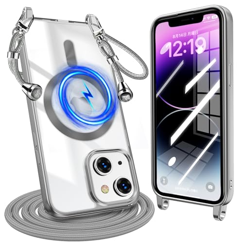 iPhone 14 用 ケース クリア ショルダー 耐衝撃 アイフォン 14 用 ケース Magnetic対応 ストラップホール付き 肩掛け 紐付き TPU 斜めかけ 縄掛けケース 長さ調整可能 取り外し可能 落下防止 紛失防止 軽量 一体型 ワイヤレス充電対応 メッキ加工 アイフォン 用 カバー 銀 W-CXKS-07-04