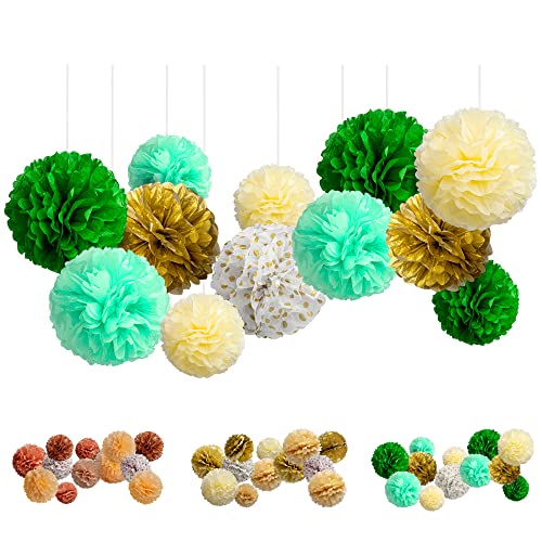 Balloono 15x Seidenpapier Pompons Deko Grün - geeignet als Deko Hochzeit, Deko Geburtstag - Papier Pompoms Deko, Ponponbälle Deko, Papierblumen / Pom Pom Cover