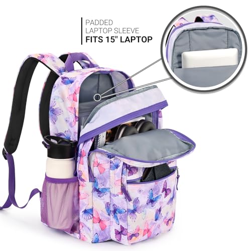 Image of ZORFIN 26L Backpack for College, and Travel: Water Resistant Bookbag - Butterfly Purple
