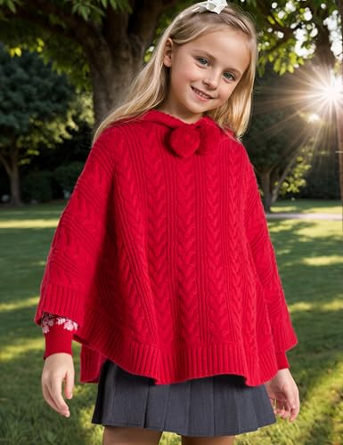 Image of BOBOYOYO Cape for Girls Hooded Cable Knit Poncho Sweaters Kids Shawl