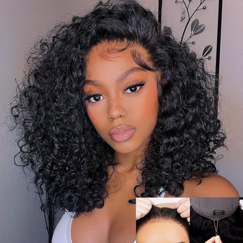 Bling Hair 12 Inch Wear Go Short Glueless Curly Lace Front Wigs Human Hair Pre Cut Lace with Drawstring Glueless 13x6 Deep Wave Lace Front Wigs Human Hair Drawstring Wig for Women 200 Density