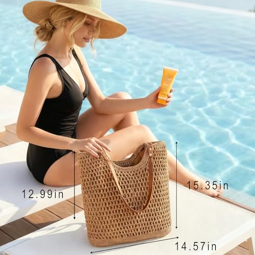 Image of Bycobecy Woven Tote Bag for Women, Summer Beach Bag Large Crochet Shoulder Purse Handbag Boho Knit Bag for Summer Travel