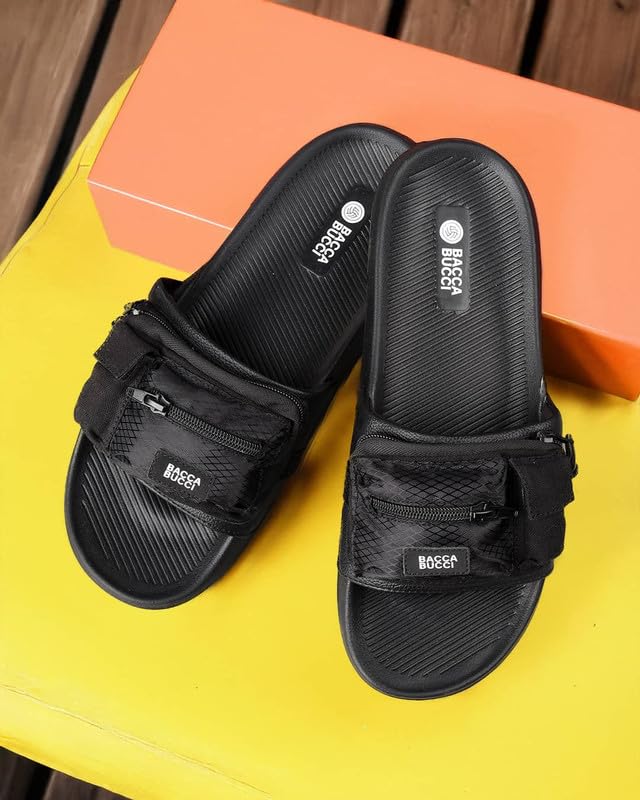 Image of Bacca Bucci Utility Slide for Men | Dual Pocket Slides with Zipper & Velcro Closure | Cushioned EVA Footbed | Casual & Outdoor Slippers