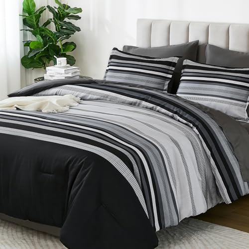 Dobuyly Black Comforter Full Size Set 7 Pieces, Boho Striped Grey Bed in a Bag Full Soft Microfiber Bedding Set for Mens with Comforter, Sheets, Pillowcases & Shams All Season