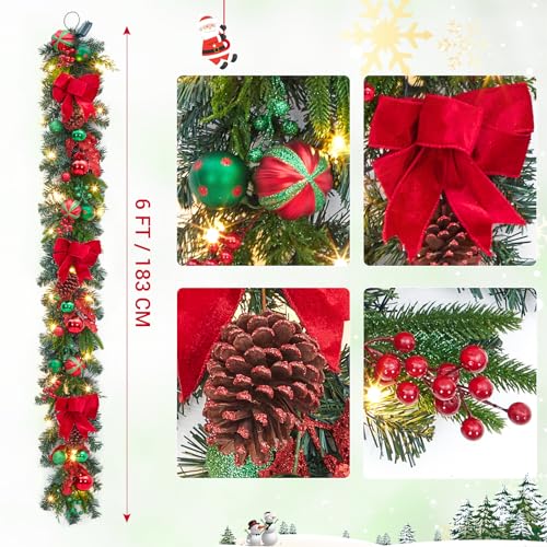 GarveeHome 6ft Prelit Christmas Garland with Lights, Prelit Outdoor Xmas Garland with 20 LED Lights Red Green Balls & Velvet Bow for Indooor Mantle Fireplace Stairs Railing Decorations