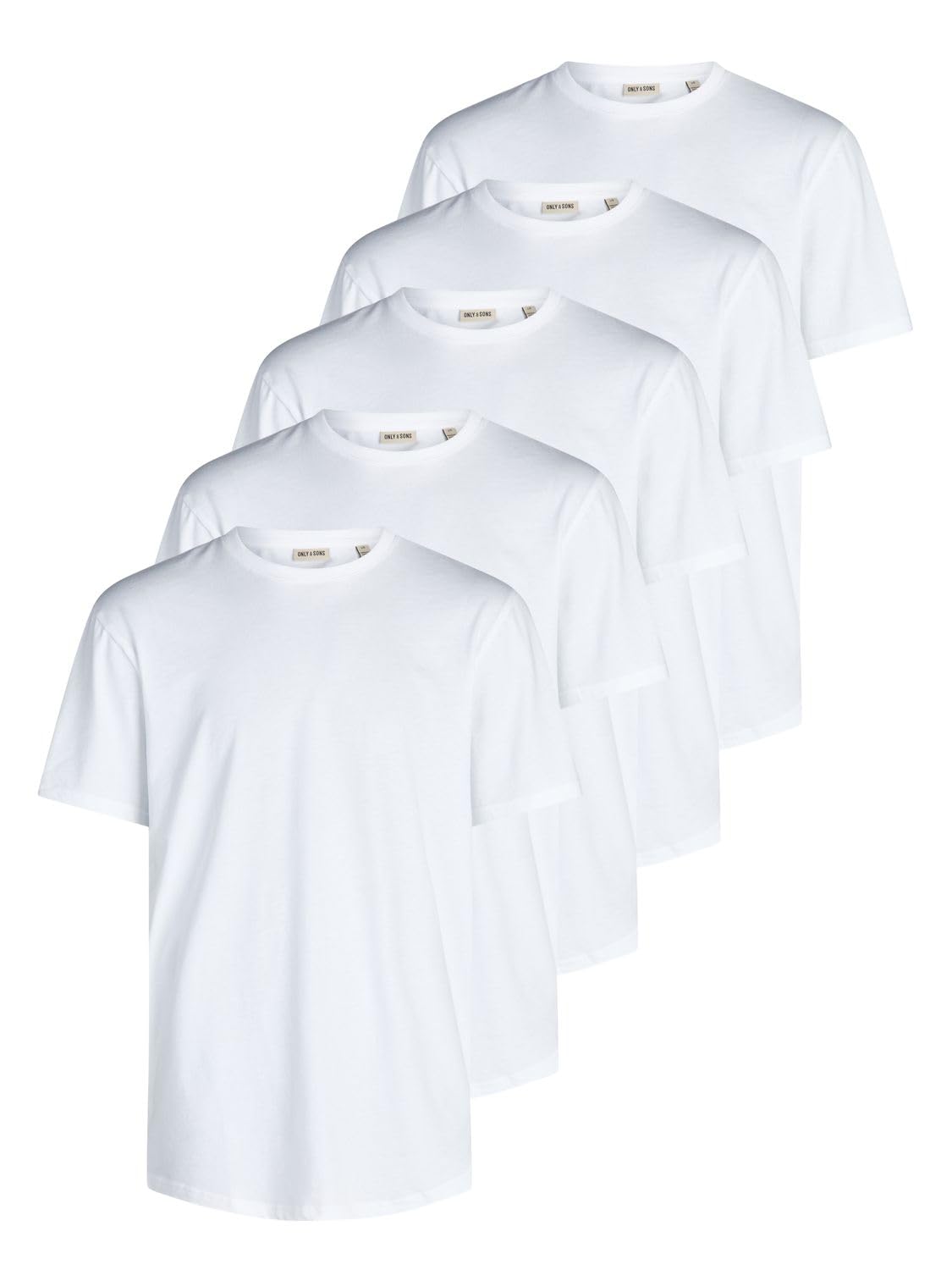 Only & Sons Tshirt Herren Regular Fit ONSJEFF LONGY 5er Set Pack lang geschnitten Rundhals Kurzarm Sommer Tee Shirt Basic, Größe:XL, Farbe:Bright White (22039223)