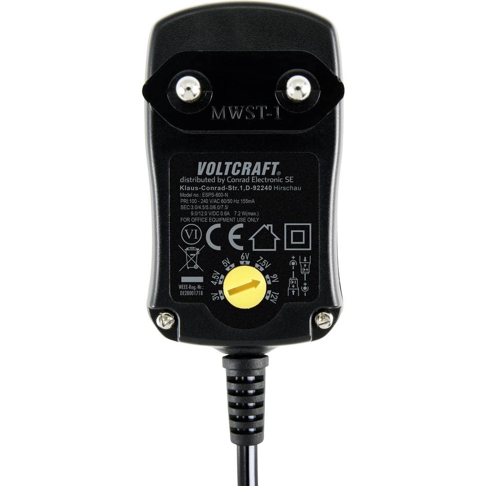 VOLTCRAFT VC-11320915 Bloc dalimentation réglable 3 V/DC, 4.5 V/DC, 5 V/DC, 6 V/DC, 7.5 V/DC, 9 V/DC, 12 V/DC 0.6 A 7.2 W