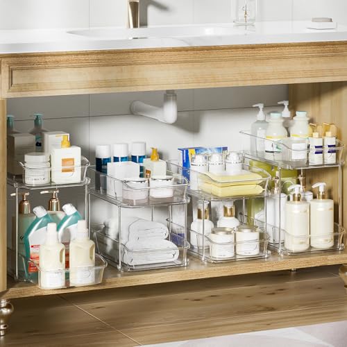 Image of Delamu 2-Tier Under Sink Organizers and Storage, Multi-Purpose Stackable Bathroom Cabinet organizers, Pull Out Kitchen Pantry Organization and Storage with Dividers(4 Pack, Clear)