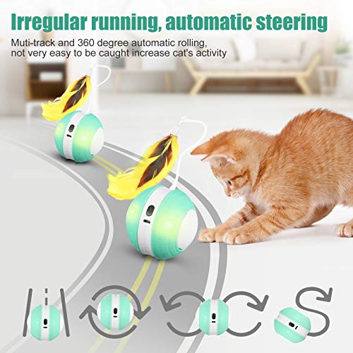Interactive Cat Toys Ball with Colorful Light & Bird Sound - USB Charging Automatic Irregular 360 Degree Self Rotating Ball - 5 Replacement Feathers Robotic Cat Toy for Indoor Cats Kitten (Green)