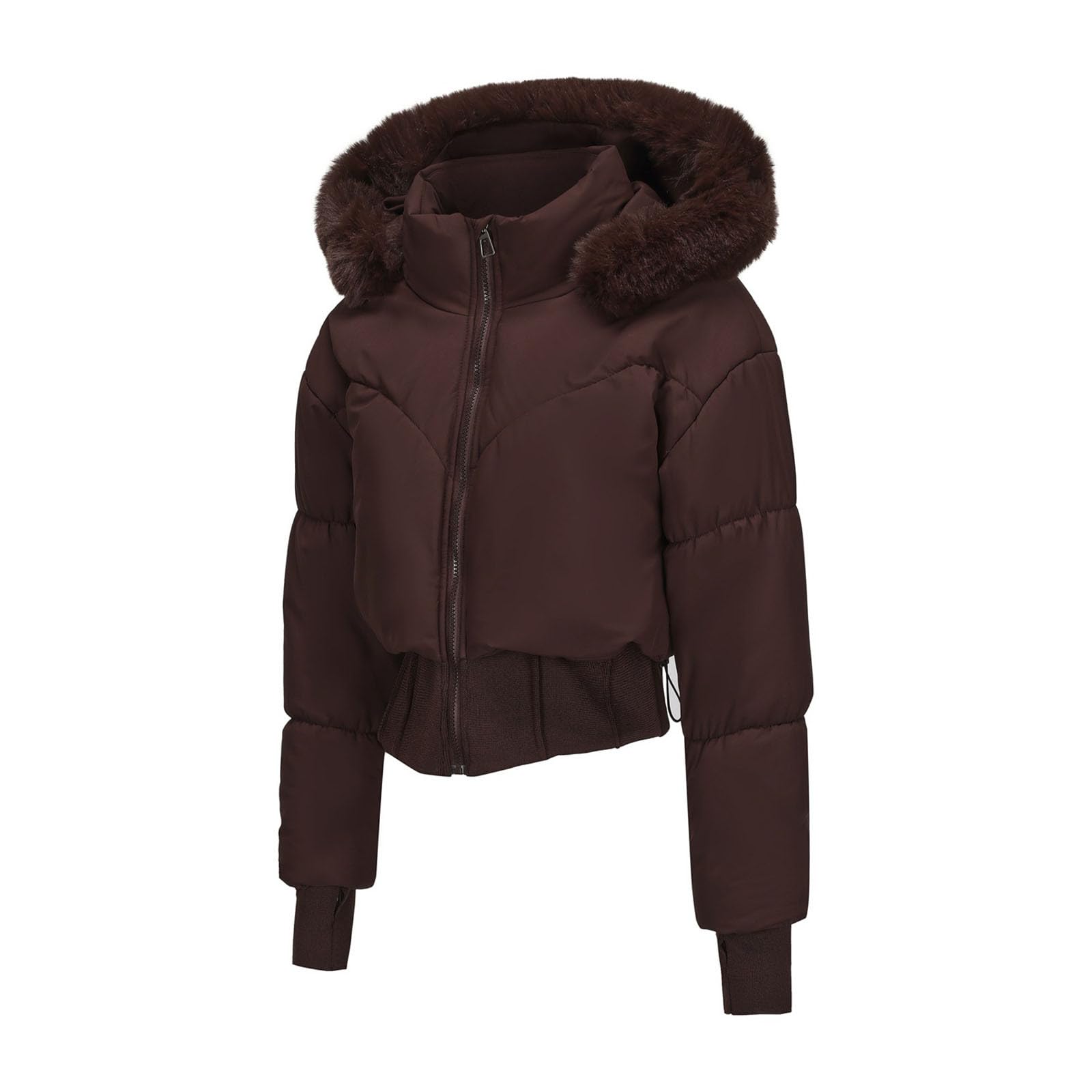 Mrat Piumino corto da donna, cappotto invernale caldo trapuntato imbottito con foro per il pollice, giacche da donna slim fit con cerniera completa, cappuccio in pelliccia sintetica, cappotti corti