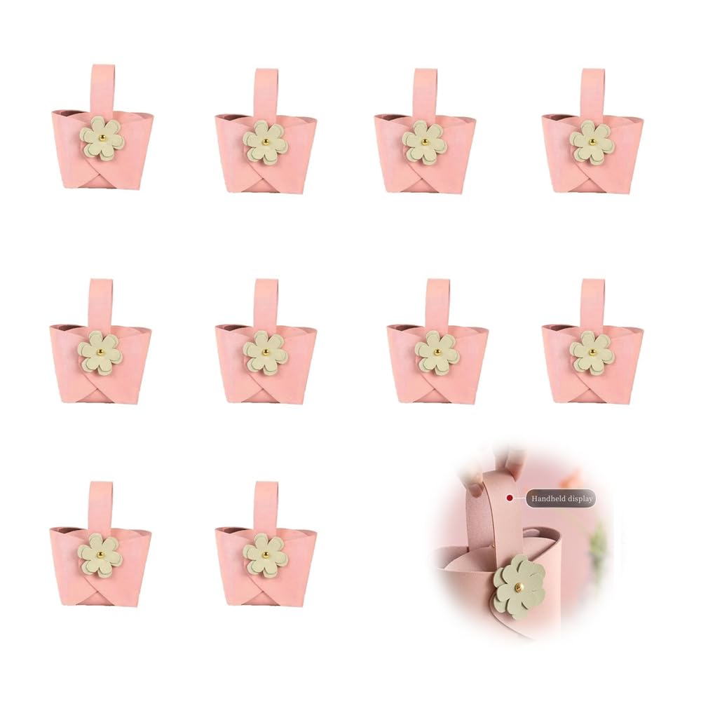 Azonee Flower Leather Gift Boxes, 10 Pack Cute Reusable Candy Box, Birthday Wedding Party Favor Bags Set, Small Handbags with Handle for Mother Day Anniversary Bridal Party Supplies (Pink)