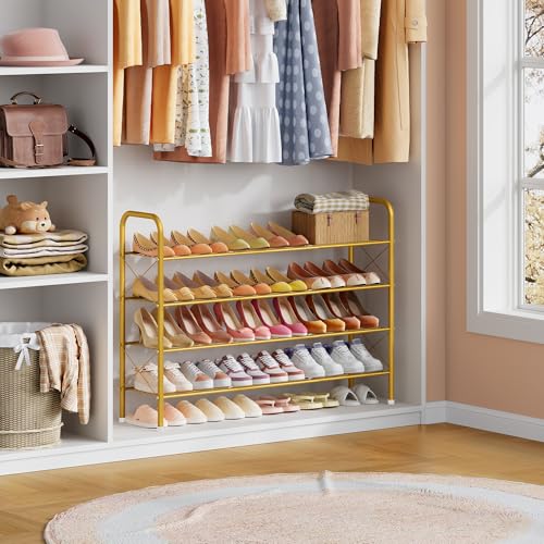 Image of Hoctieon 4 Tier Mesh Style Shoe Rack, Entryway Shoe Shelf, Shoe Storage Organizer, Shoe Rack for Closet, Space Save for Bathroom, Garage, Hallway, Bedroom, Living Room, Gold