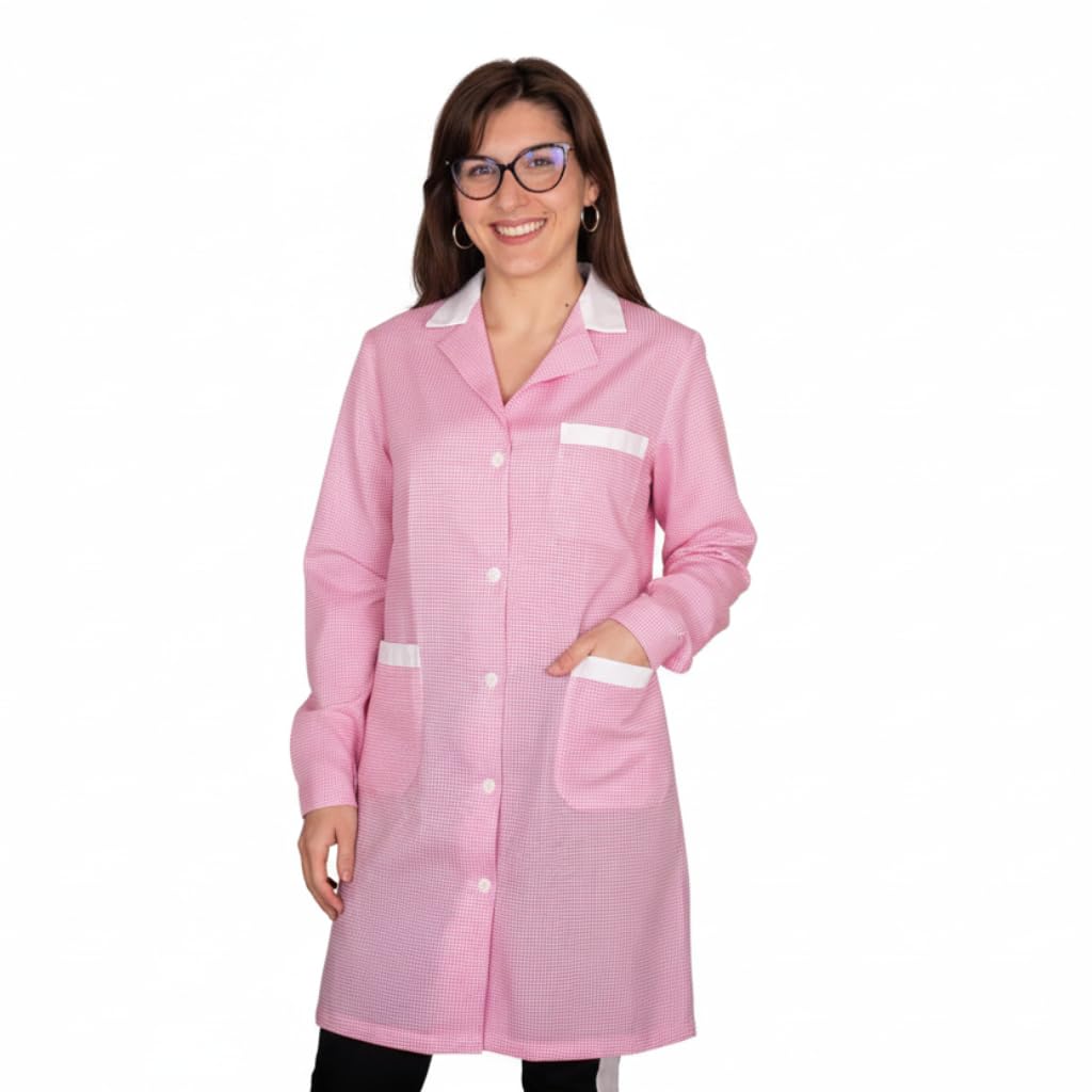 Camice da Lavoro Donna, Motivi a Quadretti e Righe, Tasche Frontali, Colletto Bianco, Disponibile in 5 Colori