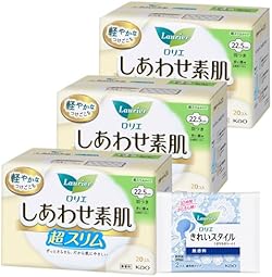 【Amazon.co.jp限定】ロリエ しあわせ素肌 超スリム 多い昼用 羽つき22.5cm 20コ入 × 3セット(60コ)+おまけ付き