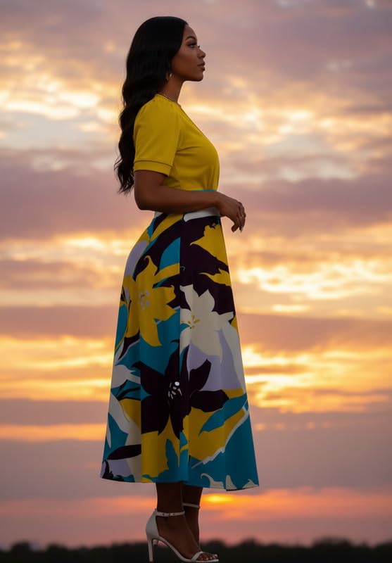 Image of MarryUP Women's Midi Dresses - V Neck Cocktail & Church Tea Dresses - Short Sleeve A-Line Swing Dress