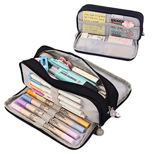Grandes trousses à crayons pour filles garçons grande capacité trousses à crayons avec compartiments sac à stylos porte-stylo papeterie sac à cosmétiques pour enfants femmes hommes adolescents (noir) Cover