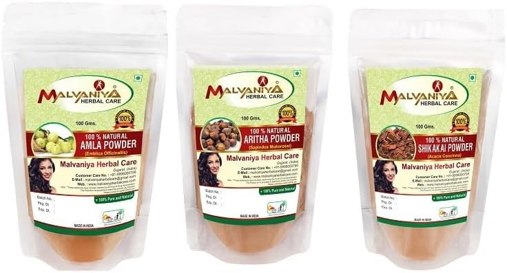 MALVANIYA HERBAL CARENatural Hair Powder (300 Grams) Each Pack 100 gm (3.52 OZ) - Complete Hair Combo Pack of 3(Amla, Aritha,Shikakai) (Only For External Use Only)